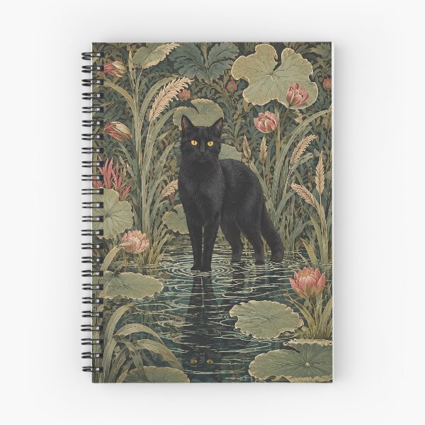 Item preview, William Morris Style Botanical Black Cat in Lotus Pond designed and sold by PurrfectHome.