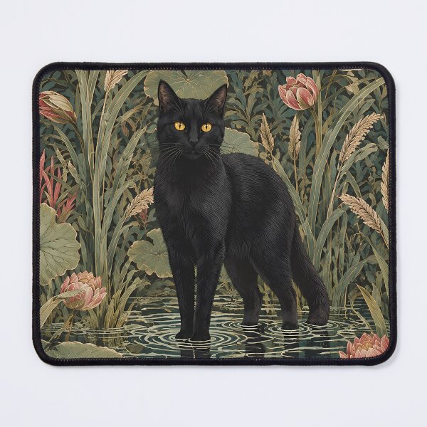 Item preview, William Morris Style Botanical Black Cat in Lotus Pond designed and sold by PurrfectHome.