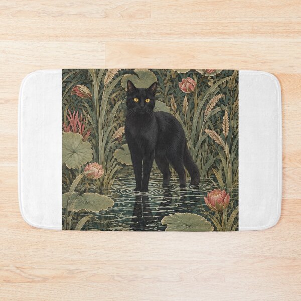 Item preview, William Morris Style Botanical Black Cat in Lotus Pond designed and sold by PurrfectHome.