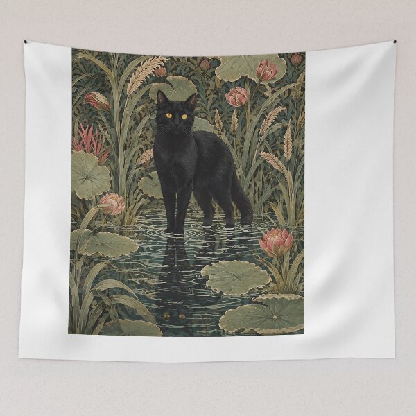 Item preview, William Morris Style Botanical Black Cat in Lotus Pond designed and sold by PurrfectHome.