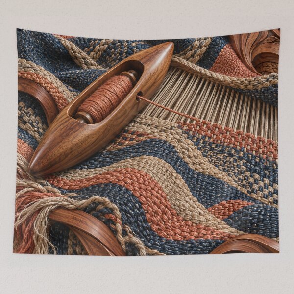 Item preview, Wooden Weaving Shuttle and Woven Fabric – Rustic Handmade Textile Art Print designed and sold by Kaleidoscope Print.