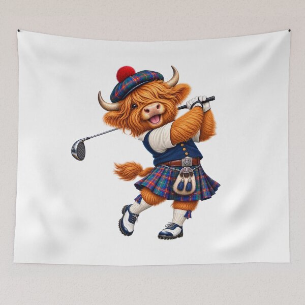 Item preview, Cute Scottish Highland Cow Playing Golf in Tartan Kilt designed and sold by MaedK.