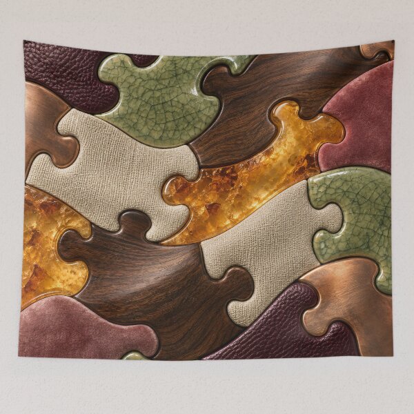 Item preview, Luxury Mixed Material Puzzle – Abstract Wood, Amber and Leather Art Print designed and sold by Kaleidoscope Print.
