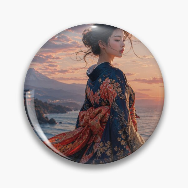 Item preview, Japanese Woman in Kimono Watching Sunset Over Ocean with Mount Fuji designed and sold by vekotpu.