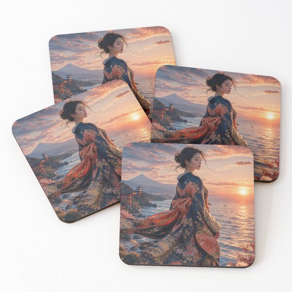 Item preview, Japanese Woman in Kimono Watching Sunset Over Ocean with Mount Fuji designed and sold by vekotpu.