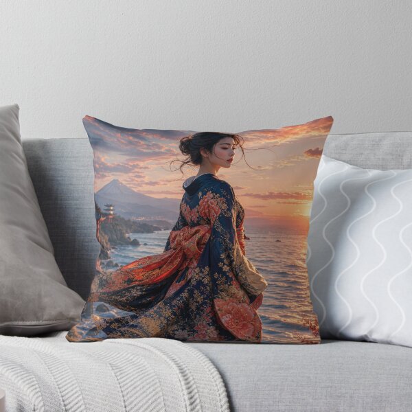 Item preview, Japanese Woman in Kimono Watching Sunset Over Ocean with Mount Fuji designed and sold by vekotpu.