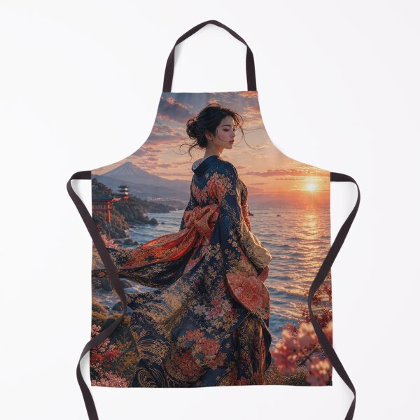 Item preview, Japanese Woman in Kimono Watching Sunset Over Ocean with Mount Fuji designed and sold by vekotpu.