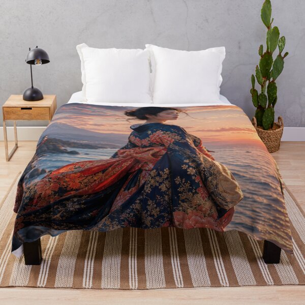 Item preview, Japanese Woman in Kimono Watching Sunset Over Ocean with Mount Fuji designed and sold by vekotpu.
