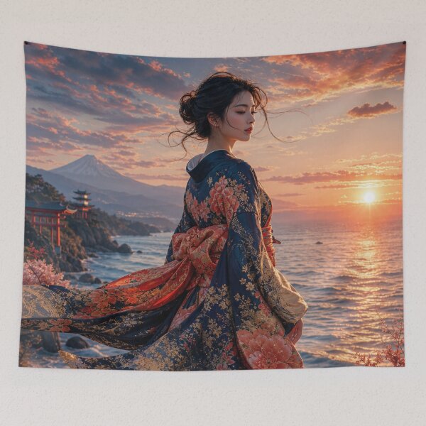 Item preview, Japanese Woman in Kimono Watching Sunset Over Ocean with Mount Fuji designed and sold by vekotpu.