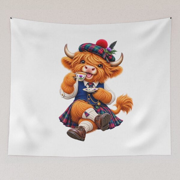 Item preview, Cute Scottish Highland Cow Enjoying Tea in Tartan Kilt designed and sold by MaedK.