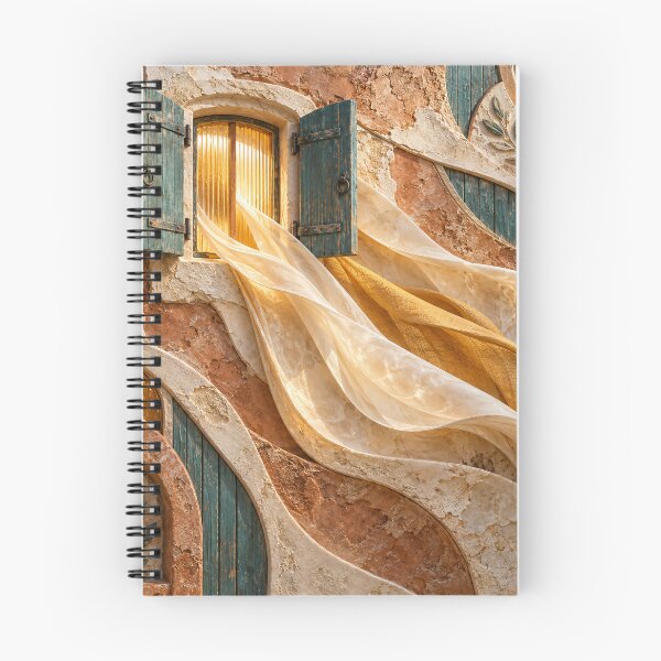 Item preview, Mediterranean Window with Flowing Golden Curtains – Rustic Architectural Art Print designed and sold by Kaleidoscope Print.
