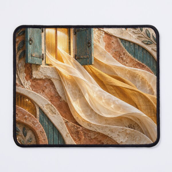 Item preview, Mediterranean Window with Flowing Golden Curtains – Rustic Architectural Art Print designed and sold by Kaleidoscope Print.