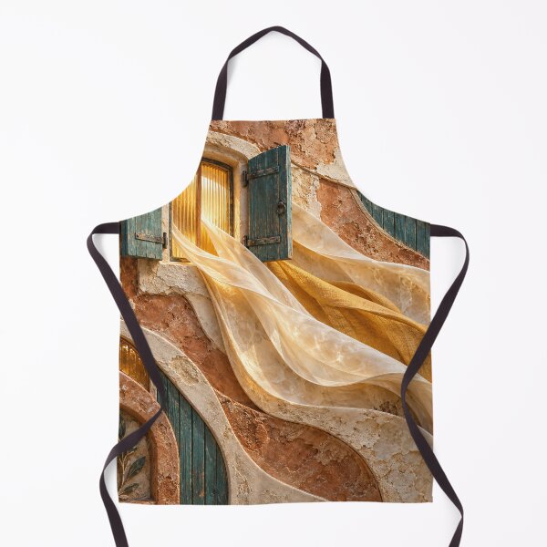 Item preview, Mediterranean Window with Flowing Golden Curtains – Rustic Architectural Art Print designed and sold by Kaleidoscope Print.