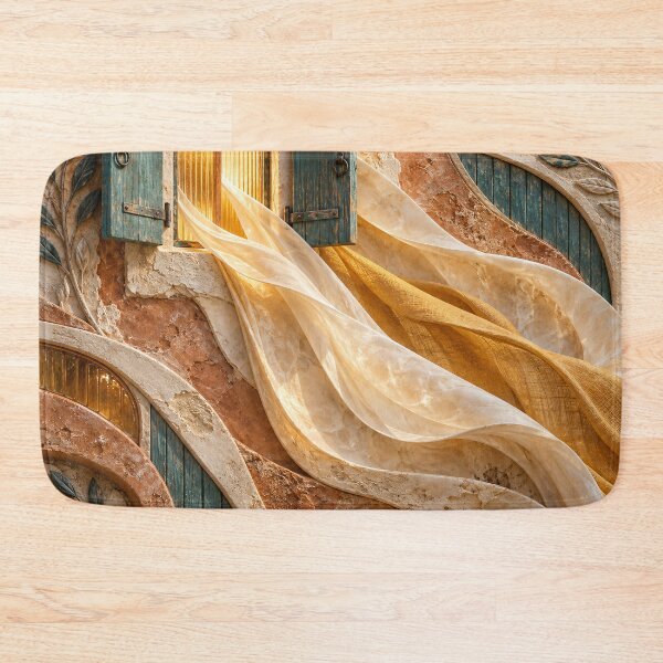 Item preview, Mediterranean Window with Flowing Golden Curtains – Rustic Architectural Art Print designed and sold by Kaleidoscope Print.