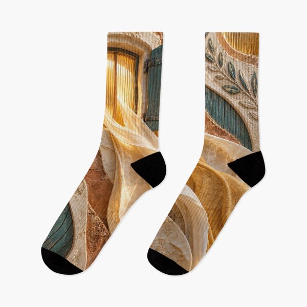 Item preview, Mediterranean Window with Flowing Golden Curtains – Rustic Architectural Art Print designed and sold by Kaleidoscope Print.
