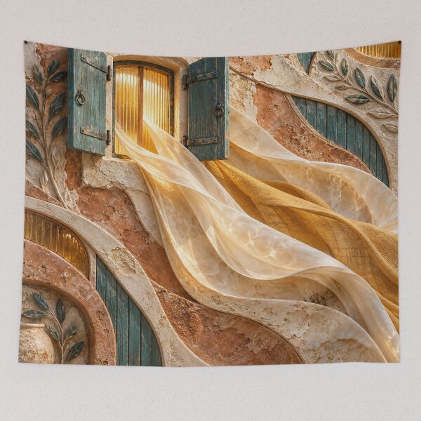 Item preview, Mediterranean Window with Flowing Golden Curtains – Rustic Architectural Art Print designed and sold by Kaleidoscope Print.