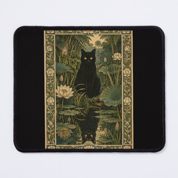 Item preview, Vintage Art Nouveau Black Cat in Lotus Pond designed and sold by PurrfectHome.