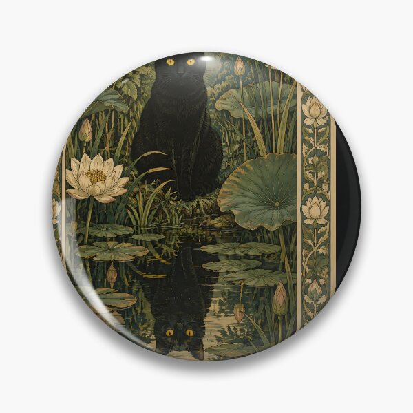 Item preview, Vintage Art Nouveau Black Cat in Lotus Pond designed and sold by PurrfectHome.