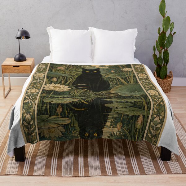 Item preview, Vintage Art Nouveau Black Cat in Lotus Pond designed and sold by PurrfectHome.