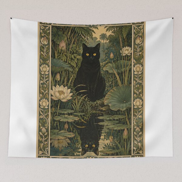Item preview, Vintage Art Nouveau Black Cat in Lotus Pond designed and sold by PurrfectHome.