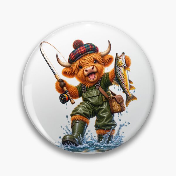 Item preview, Cute Scottish Highland Cow Fishing in River with Tartan Cap designed and sold by MaedK.
