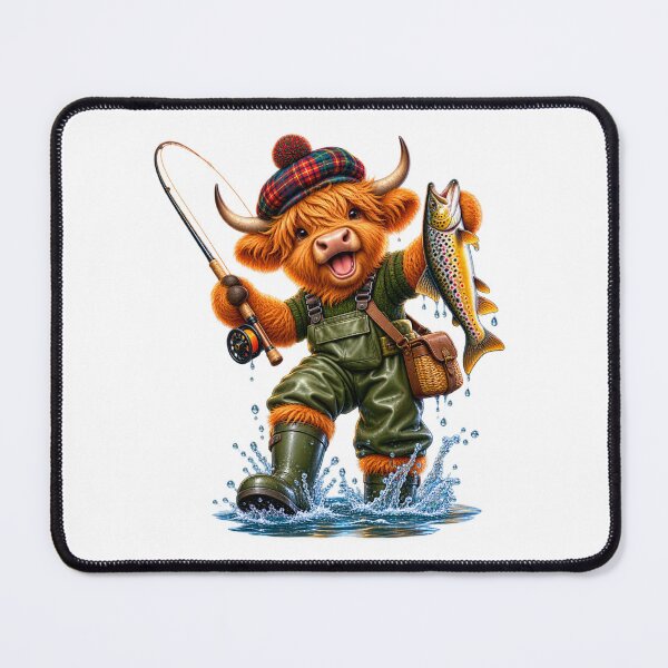 Item preview, Cute Scottish Highland Cow Fishing in River with Tartan Cap designed and sold by MaedK.