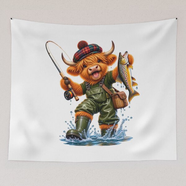 Item preview, Cute Scottish Highland Cow Fishing in River with Tartan Cap designed and sold by MaedK.