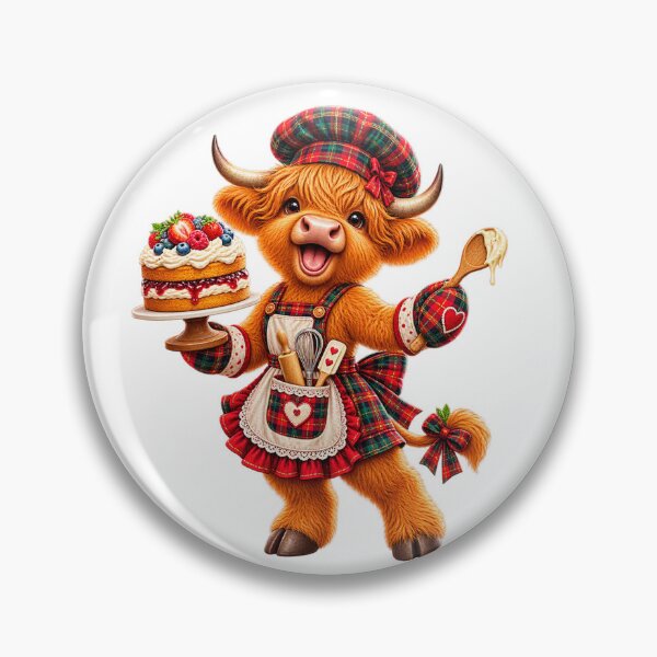 Item preview, Cute Scottish Highland Cow Baking Cake in Tartan Apron designed and sold by MaedK.