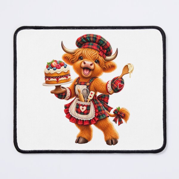 Item preview, Cute Scottish Highland Cow Baking Cake in Tartan Apron designed and sold by MaedK.