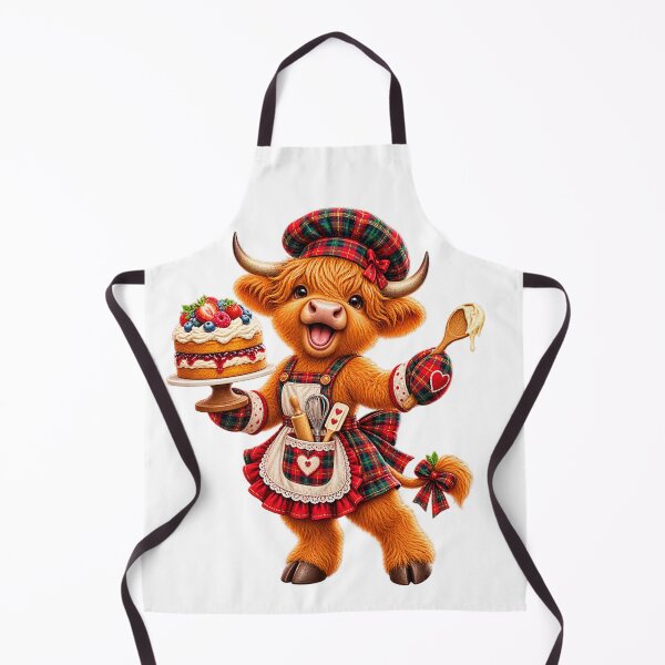 Item preview, Cute Scottish Highland Cow Baking Cake in Tartan Apron designed and sold by MaedK.