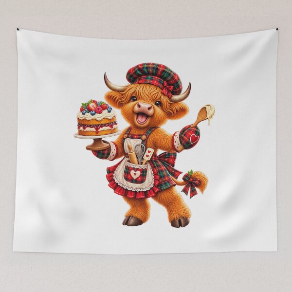 Item preview, Cute Scottish Highland Cow Baking Cake in Tartan Apron designed and sold by MaedK.