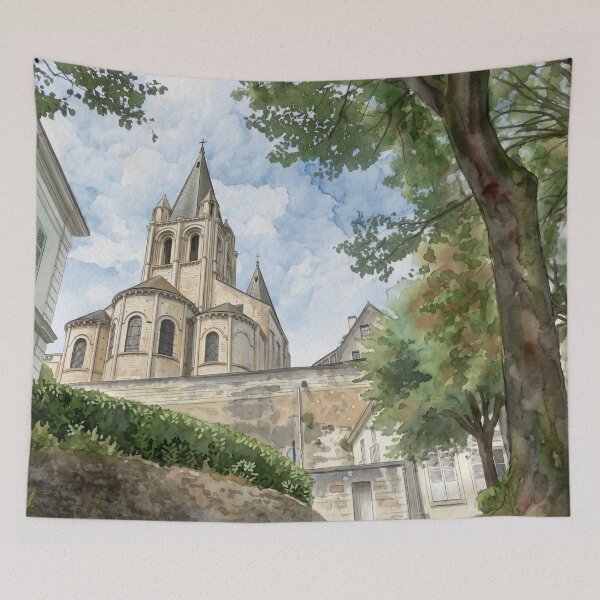 Item preview, Loire Valley Romanesque Church — French Village digital Watercolor born from real photography designed and sold by M.ALK.Watercolor.