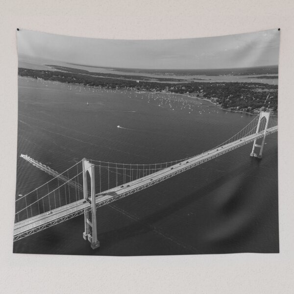 Item preview, Newport Bridge, Narragansett Bay, Rhode Island aerial bird's eye view panoramic black and white photograph designed and sold by Astrid Arkhangelsky.