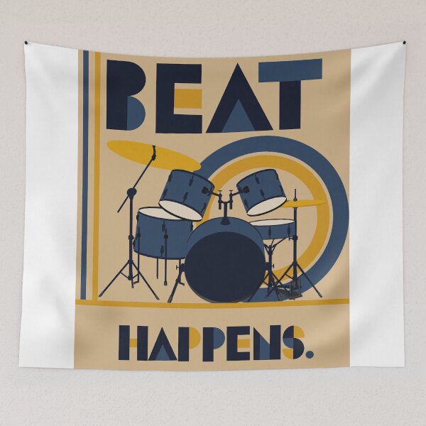 Item preview, Beat Happens Drummer Art Print, Funny Drum Set Print, Bauhaus Music Art, Drummer Gift, Blue Jazz Decor, Mid Century Music Print designed and sold by Studio pod Burom.