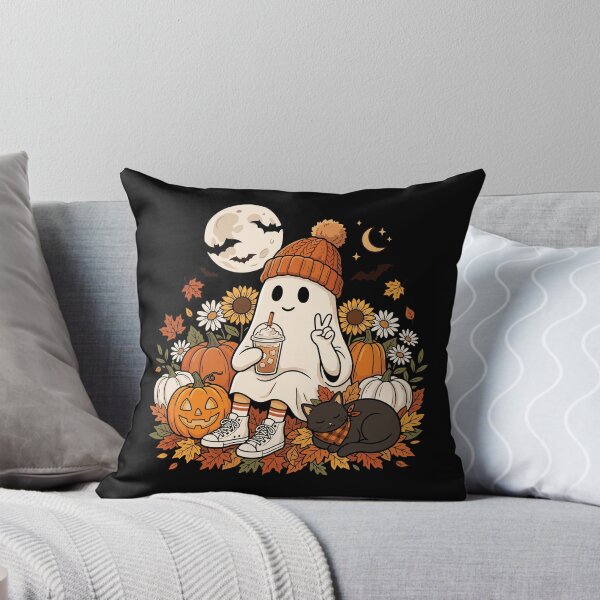 Item preview, Cute ghost with pumpkin spice latte, autumn Halloween scene designed and sold by Razerai.