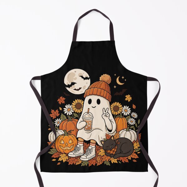 Item preview, Cute ghost with pumpkin spice latte, autumn Halloween scene designed and sold by Razerai.