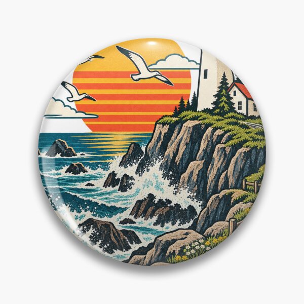 Item preview, Lighthouse on the rocky coast, seagulls, retro sunset designed and sold by LongIslandDesgn.