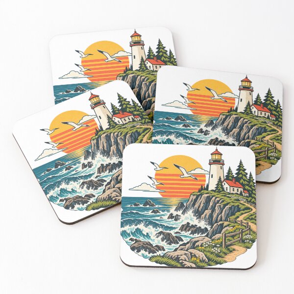 Item preview, Lighthouse on the rocky coast, seagulls, retro sunset designed and sold by LongIslandDesgn.