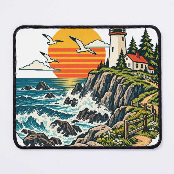 Item preview, Lighthouse on the rocky coast, seagulls, retro sunset designed and sold by LongIslandDesgn.