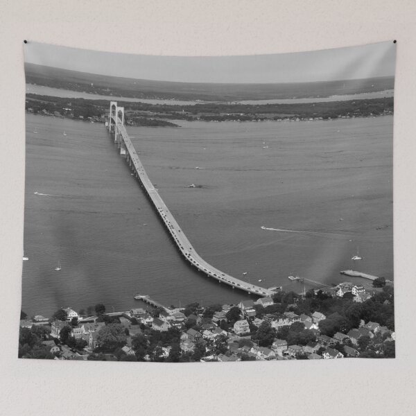 Item preview, Aerial Newport Bridge, Narragansett Bay, Rhode Island bird's eye view panoramic black and white photograph designed and sold by Astrid Arkhangelsky.