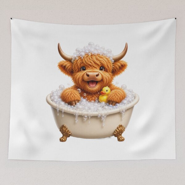 Item preview, Cute Scottish Highland Cow in Bubble Bath with Rubber Duck designed and sold by MaedK.