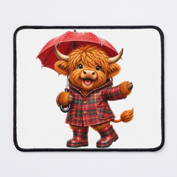 Item preview, Cute Scottish Highland Cow in Tartan Raincoat with Red Umbrella designed and sold by MaedK.