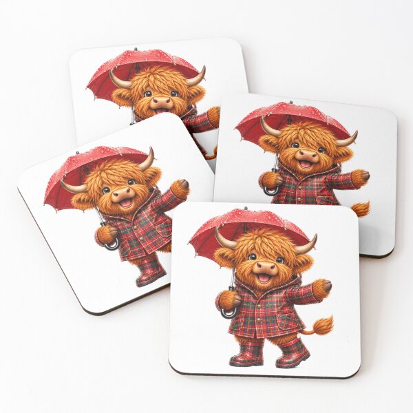 Item preview, Cute Scottish Highland Cow in Tartan Raincoat with Red Umbrella designed and sold by MaedK.