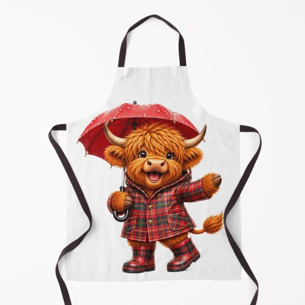 Item preview, Cute Scottish Highland Cow in Tartan Raincoat with Red Umbrella designed and sold by MaedK.