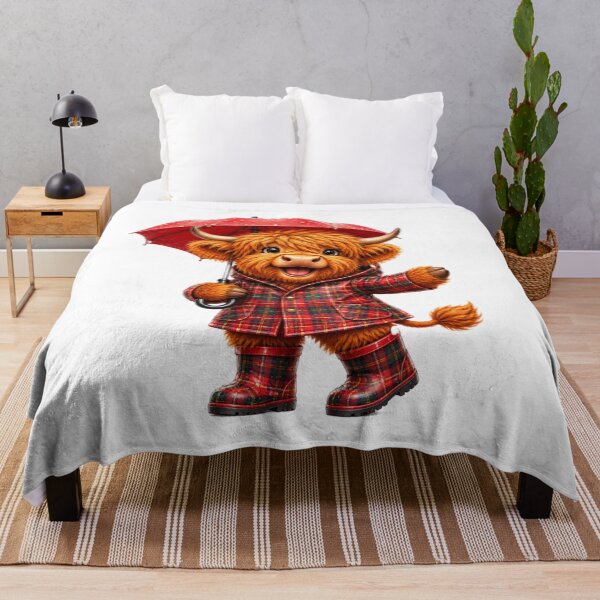 Item preview, Cute Scottish Highland Cow in Tartan Raincoat with Red Umbrella designed and sold by MaedK.