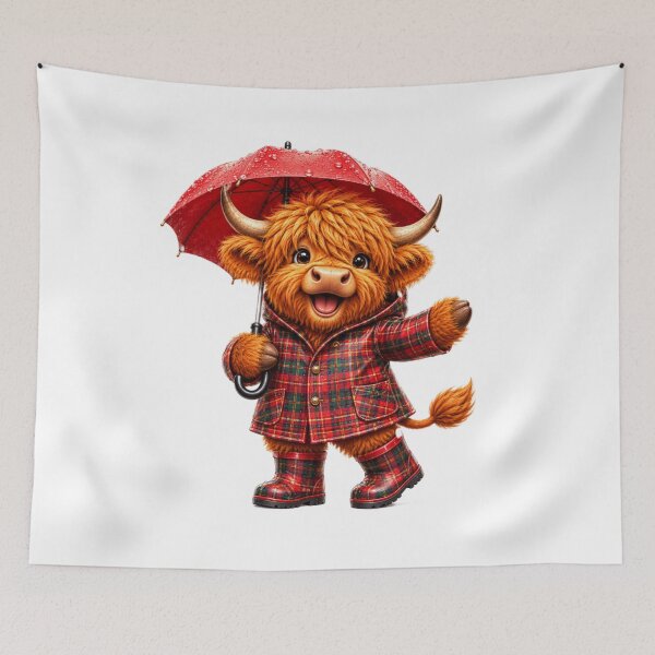 Item preview, Cute Scottish Highland Cow in Tartan Raincoat with Red Umbrella designed and sold by MaedK.