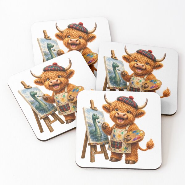 Item preview, Cute Scottish Highland Cow Artist Painting the Loch Ness Monster designed and sold by MaedK.
