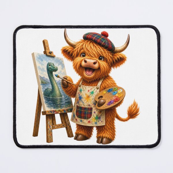 Item preview, Cute Scottish Highland Cow Artist Painting the Loch Ness Monster designed and sold by MaedK.