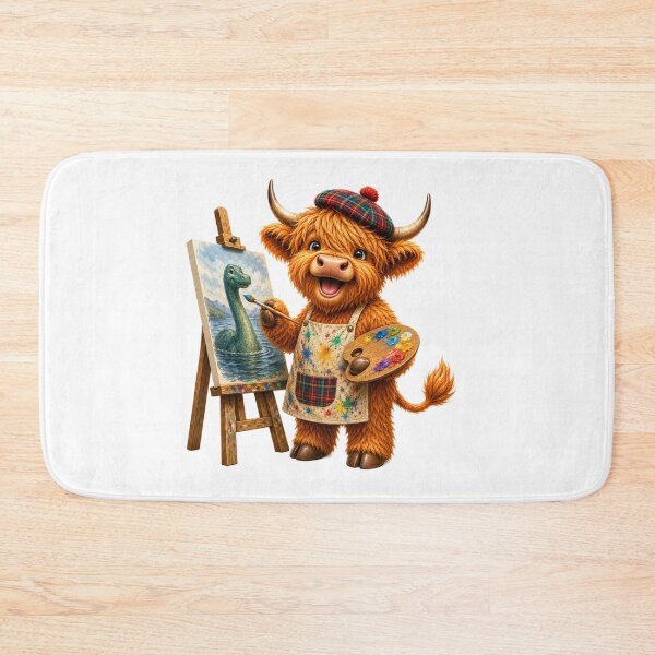Item preview, Cute Scottish Highland Cow Artist Painting the Loch Ness Monster designed and sold by MaedK.