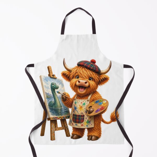 Item preview, Cute Scottish Highland Cow Artist Painting the Loch Ness Monster designed and sold by MaedK.
